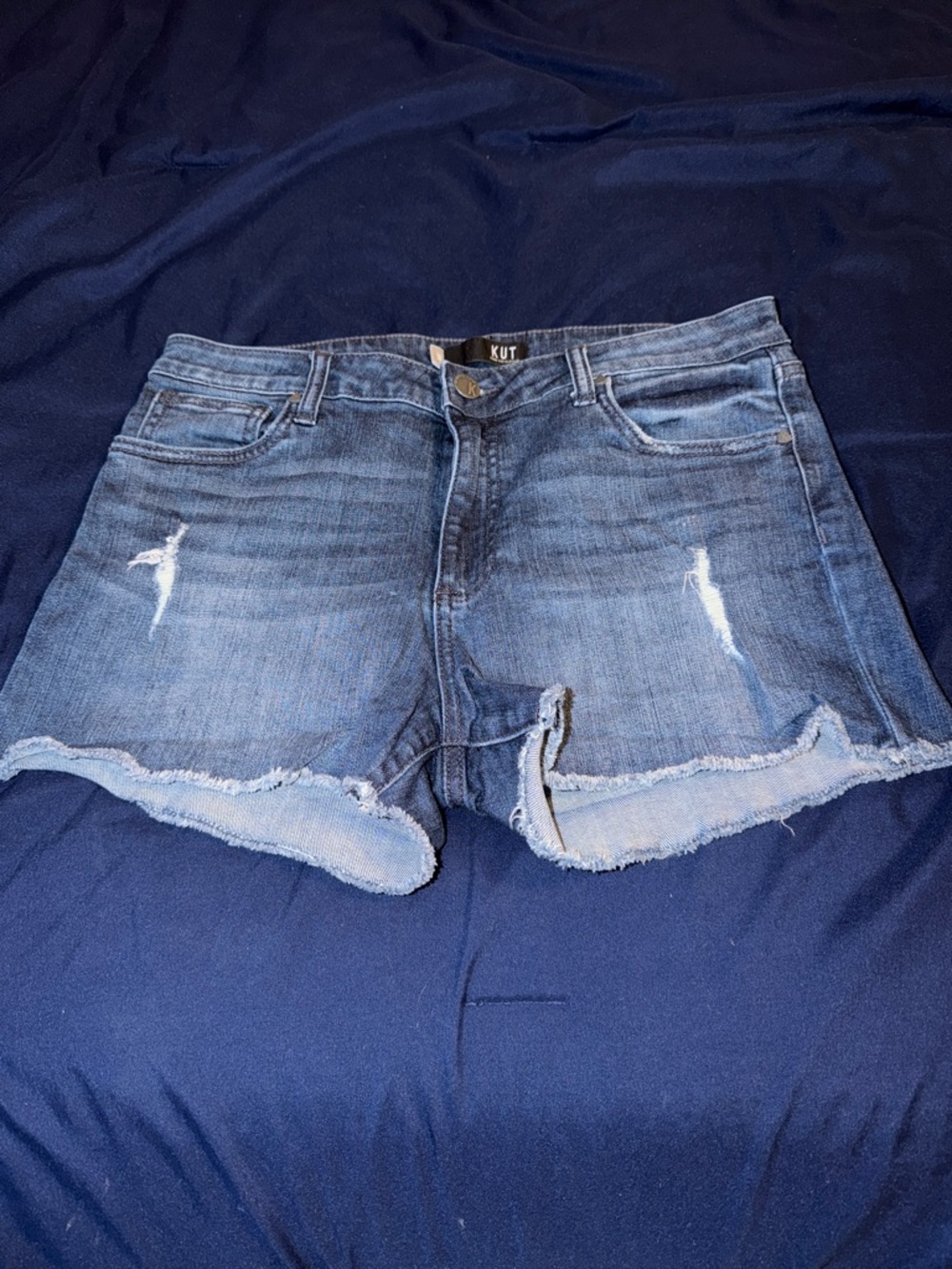 Kut from the Kloth GIGI high rise Blue Distressed Frayed Hem Denim Shorts